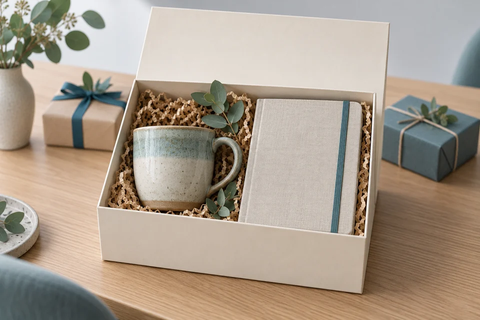 Offenes Geschenkpaket mit Keramikbecher und Notizbuch auf einem Tisch